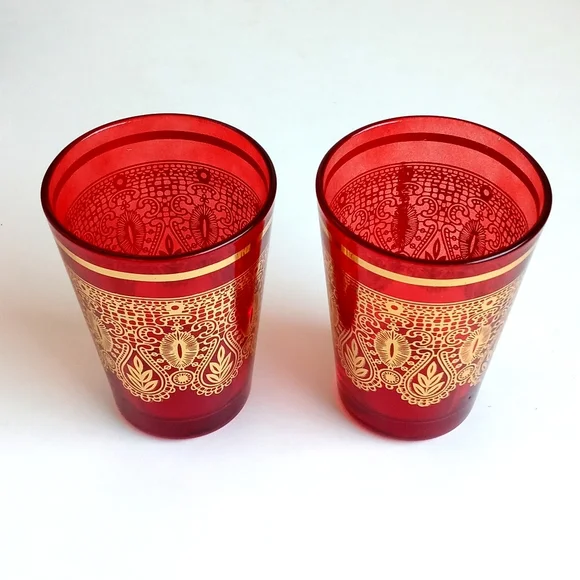 Vintage Moroccan / Turkish Tea Glasses Red & Gold Embellished Design Set of 2 - Picture 10 of 13